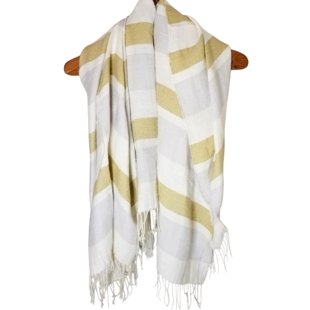 Eileen Fisher Linen Cotton Striped Fringe Blanket Gray Gold Cream Scarf